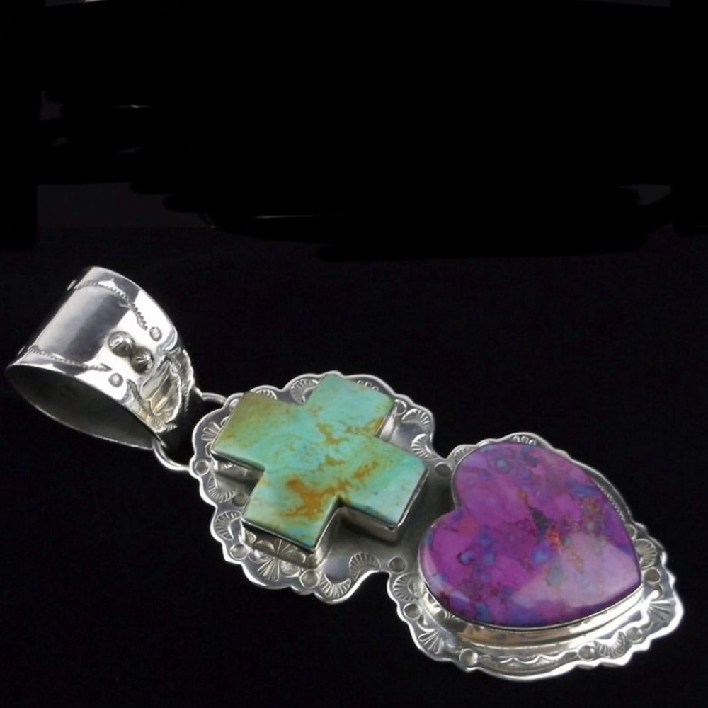 SOLD Navajo Dan Dodson Sterling Silver Turquoise Spiny Pendant Heart Cross Big - Picture 2 of 9